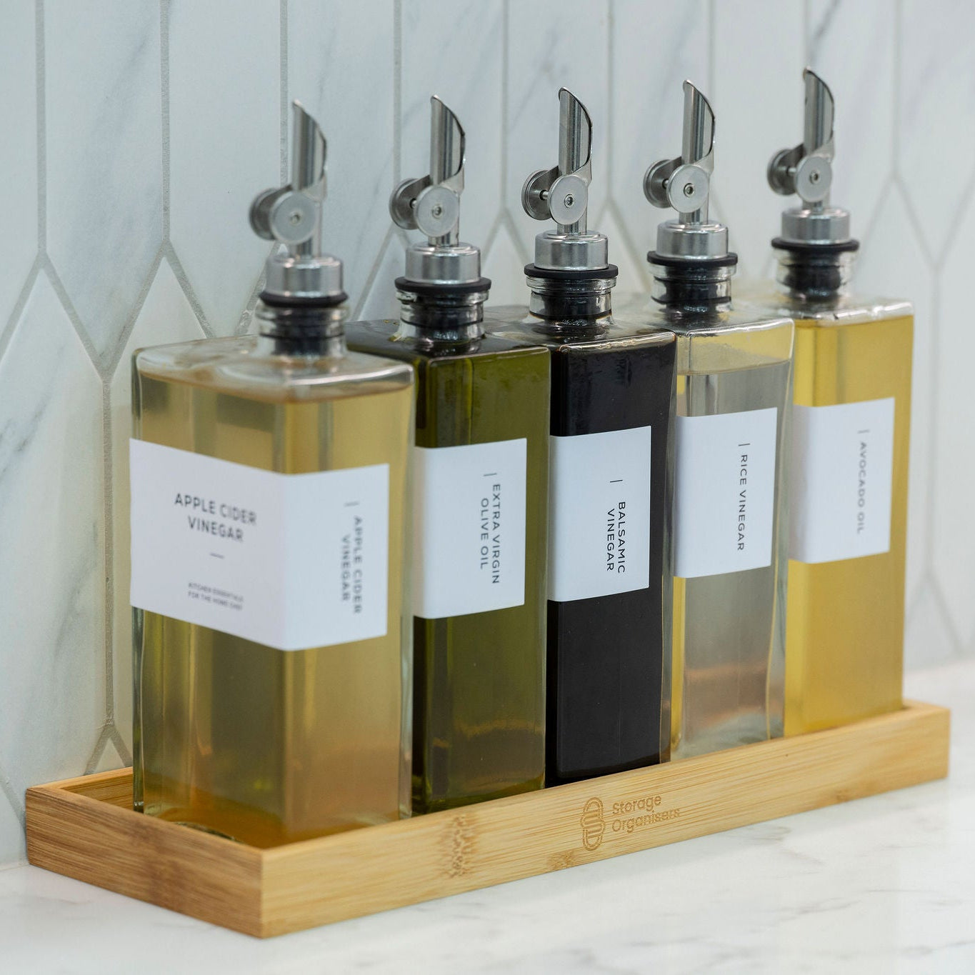 Modern oil and vinegar bottle set with bamboo tray for benchtop storage