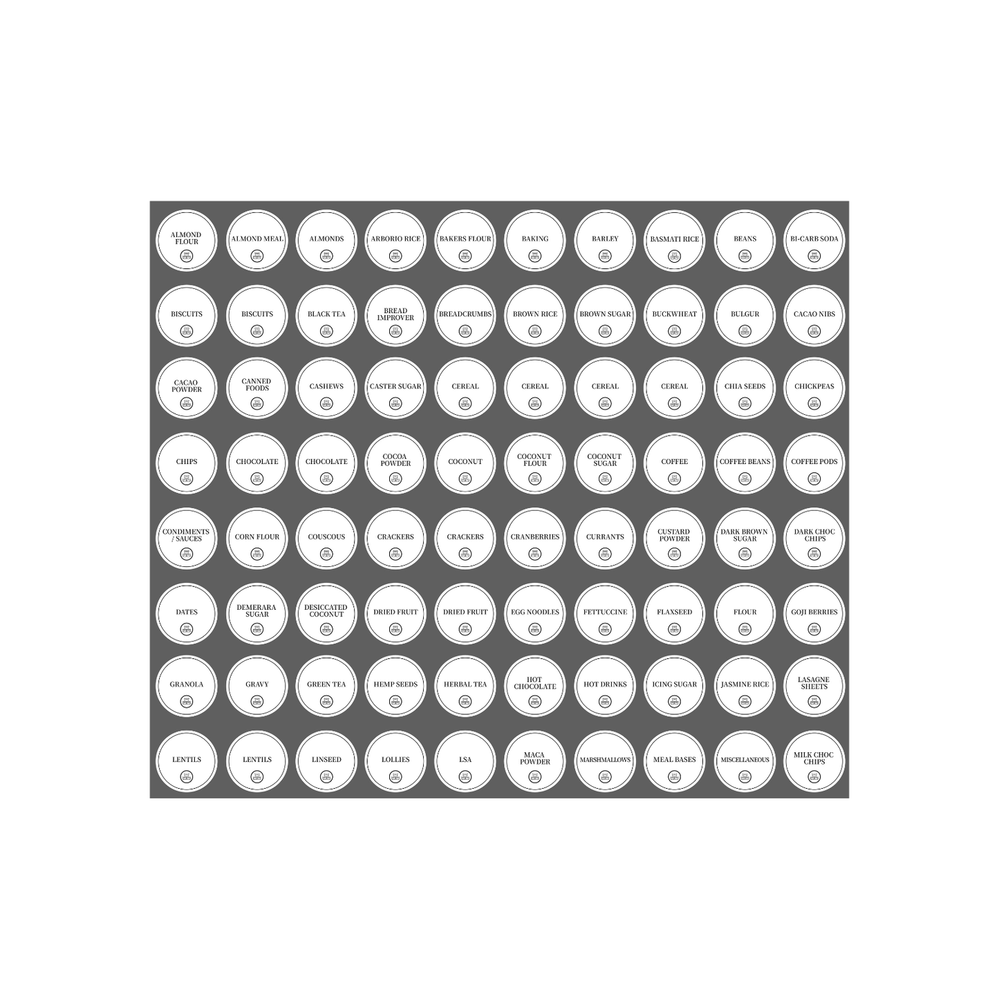 Round pantry organiser stickers showing label categories and icons