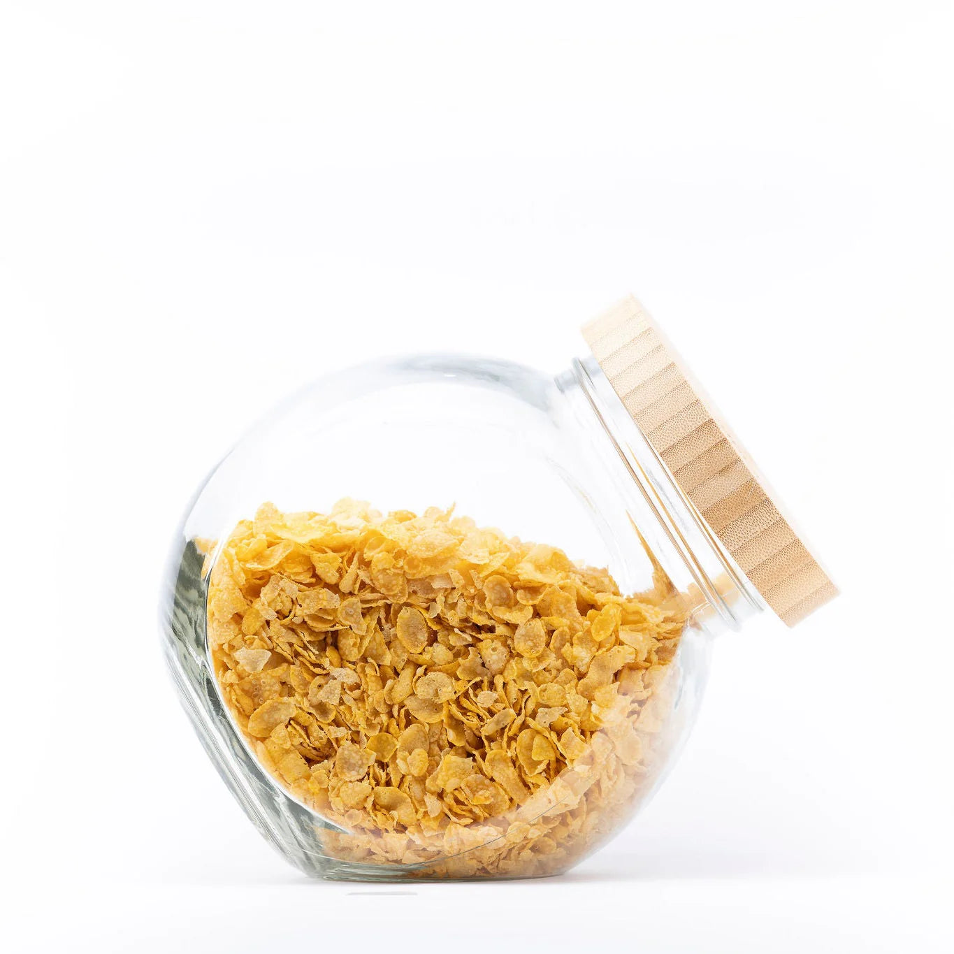 Clear round glass storage jar with front tilt opening and bamboo lid