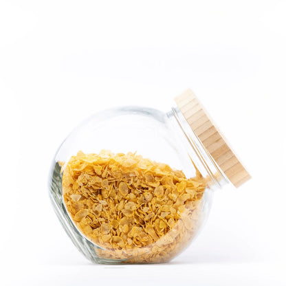 Clear round glass storage jar with front tilt opening and bamboo lid
