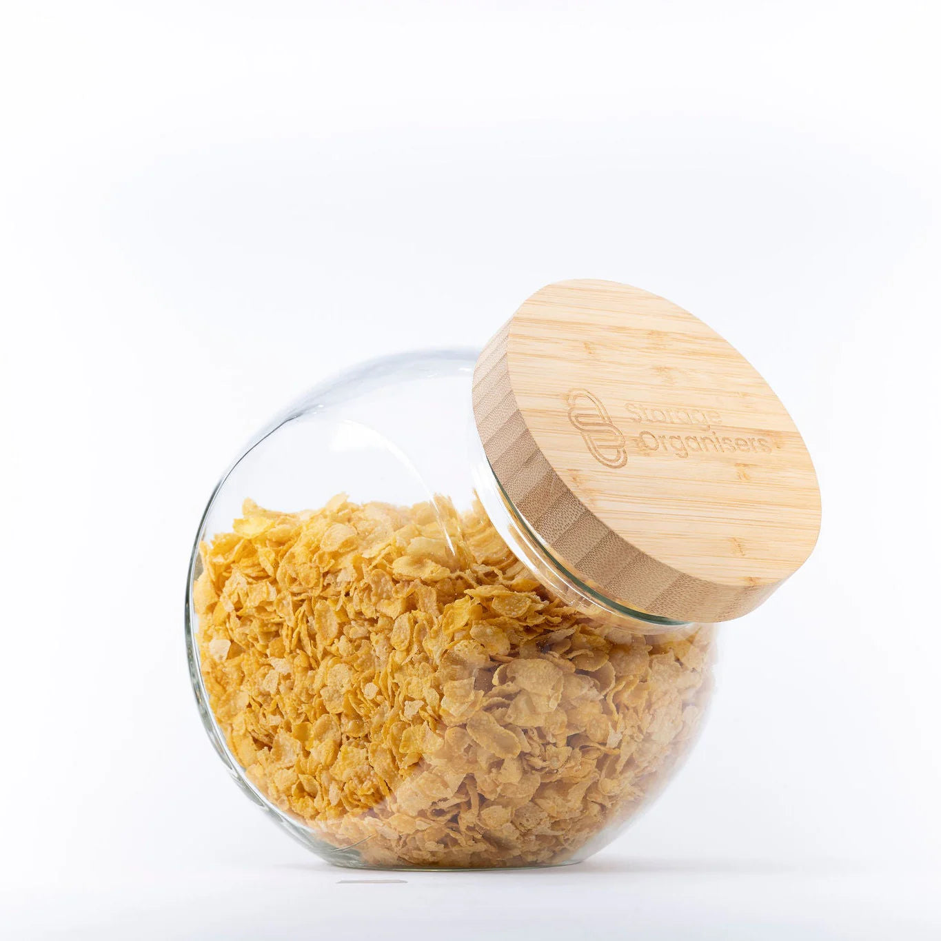 Large round glass pantry jar featuring a bamboo lid and tilt opening for easy access