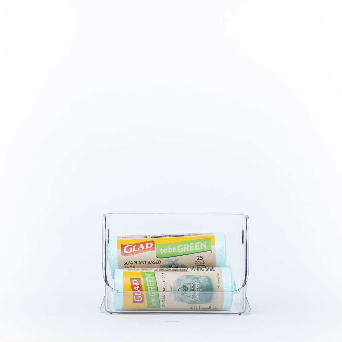 Small clear stackable organiser holding snacks and kitchen essentials