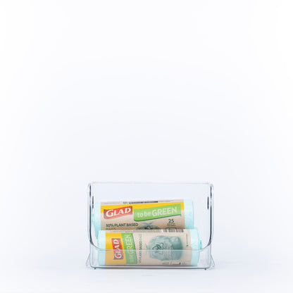 Small clear stackable organiser holding snacks and kitchen essentials