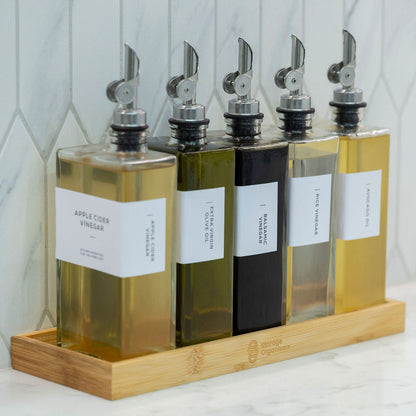 Modern oil and vinegar bottle set with bamboo tray for benchtop storage