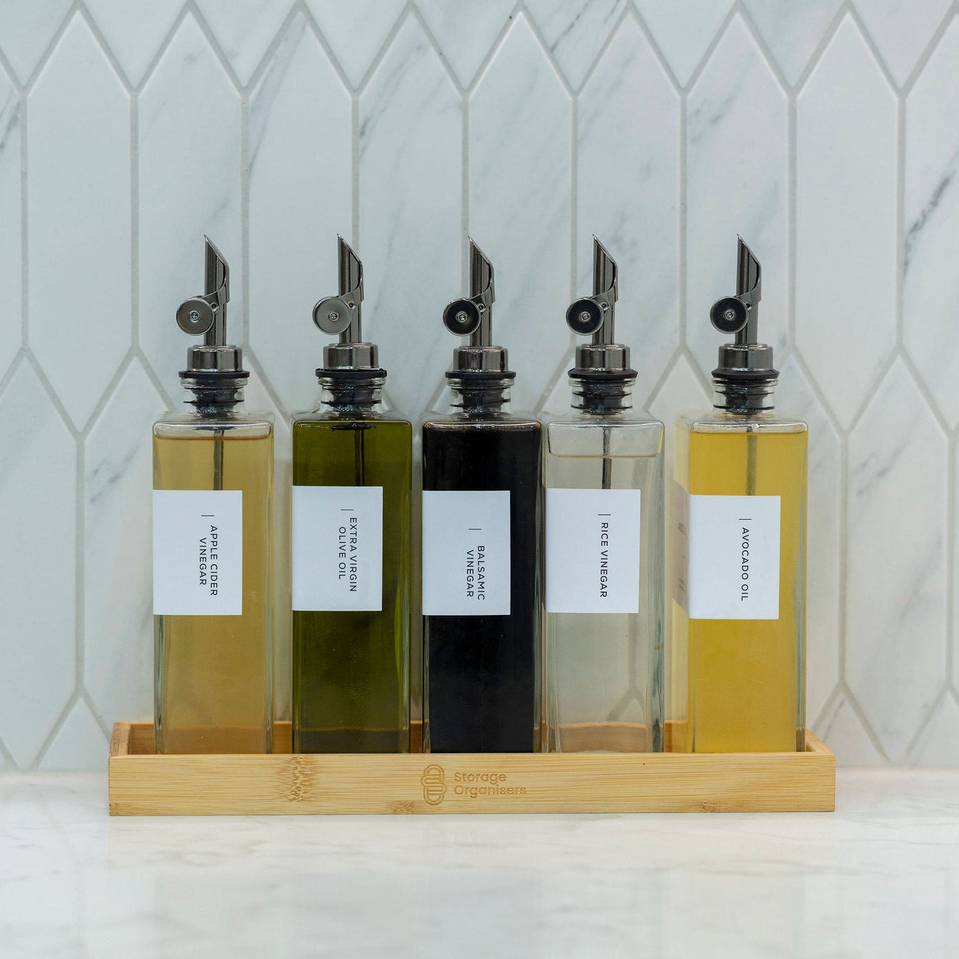 Oil and vinegar book bottles with bamboo tray – 5 piece set