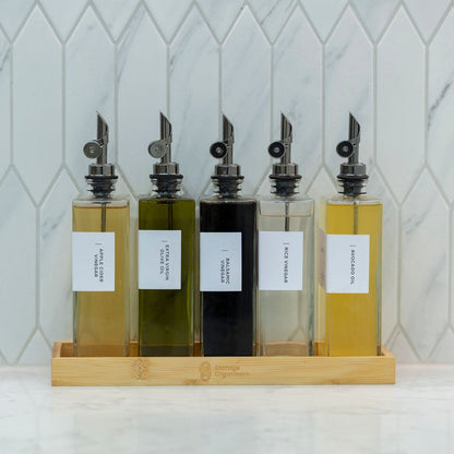 Oil and vinegar book bottles with bamboo tray – 5 piece set