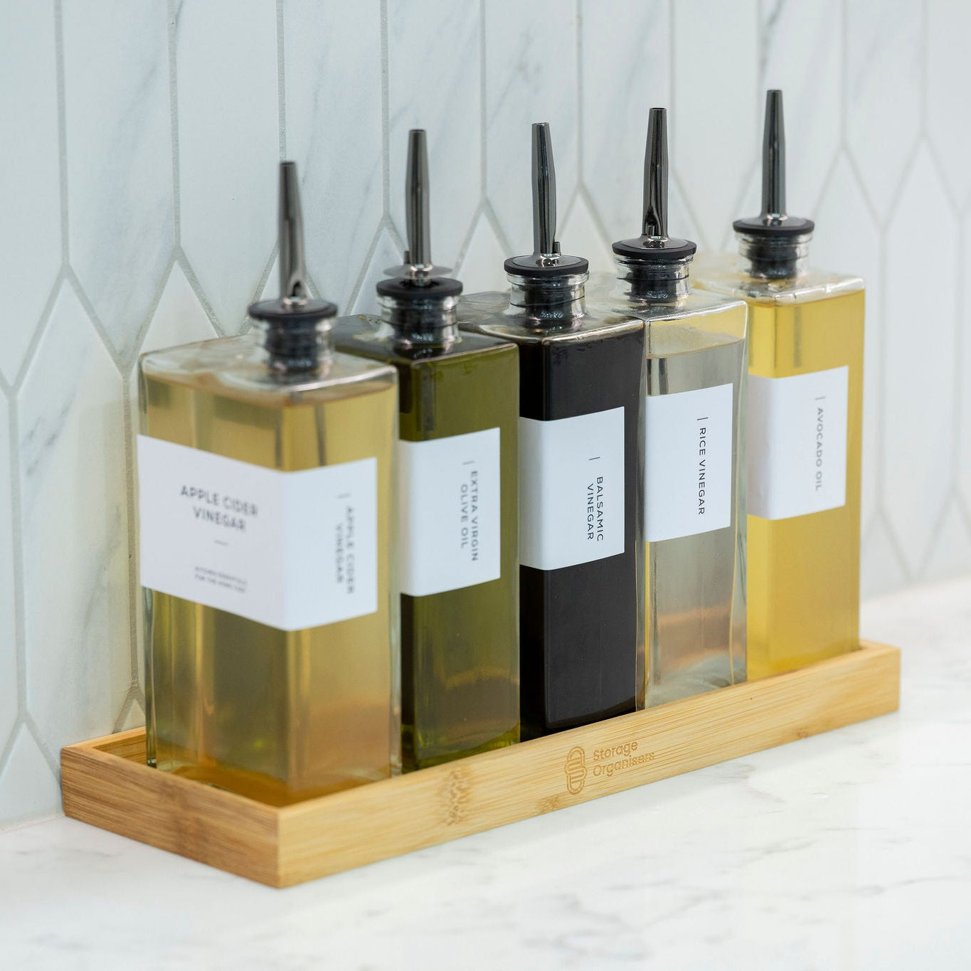 Oil vinegar book bottle set with easy pour spouts and bamboo tray
