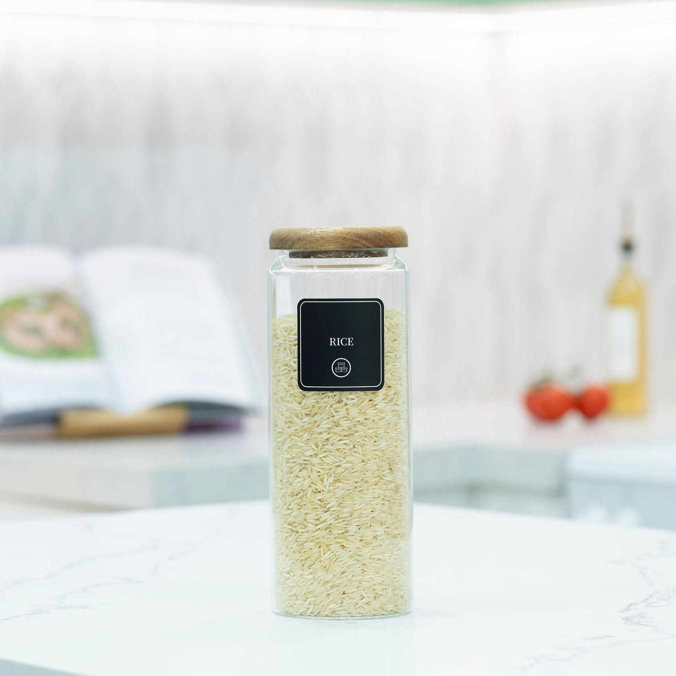 Largest acacia wood lid glass pantry jar from the 21 piece set